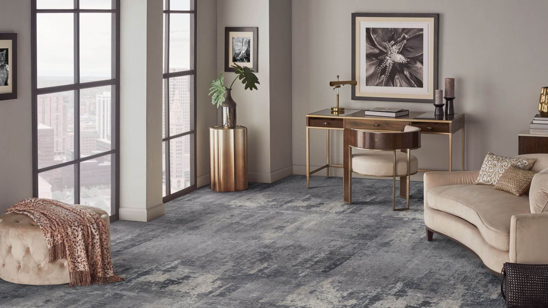Plush abstract-pattern broadloom residential carpet installed wall-to-wall in an executive study