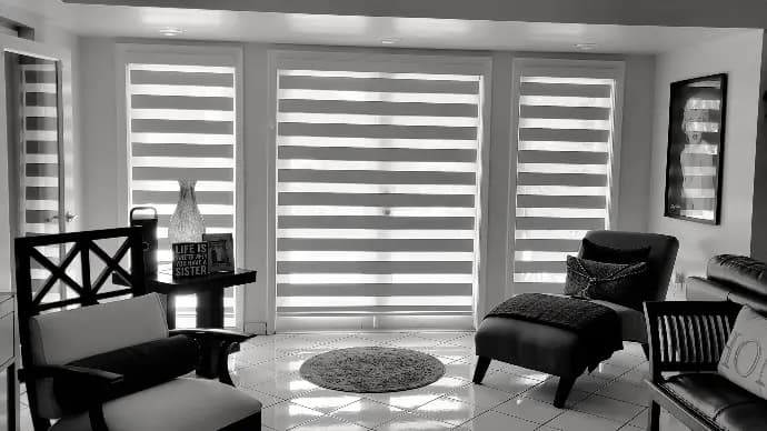 Automated Dual-Band Blinds - Window Coverings by Deluxe in Toronto Residence. Smart motorized zebra blinds integrated with home automation for schedule-based transitions between light and privacy.