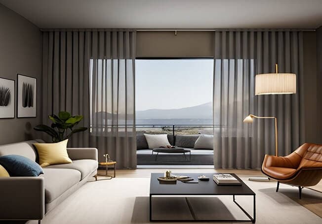 Custom Wave-Fold Sheers - Window Coverings by Deluxe in Calgary Residence. Flowing S-fold sheer curtains softly diffusing natural sunlight across open-concept dining and living areas.