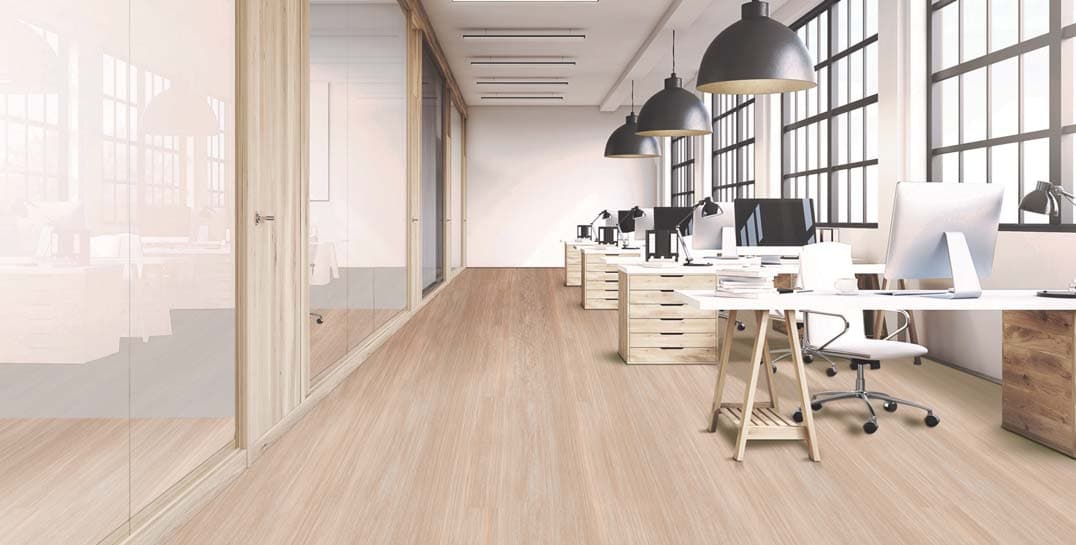 Modular commercial carpet tiles and solar screens in open office workstation area