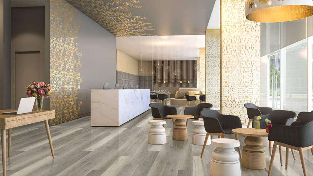 Hospitality banquet ballroom acoustic flooring and wave drapery