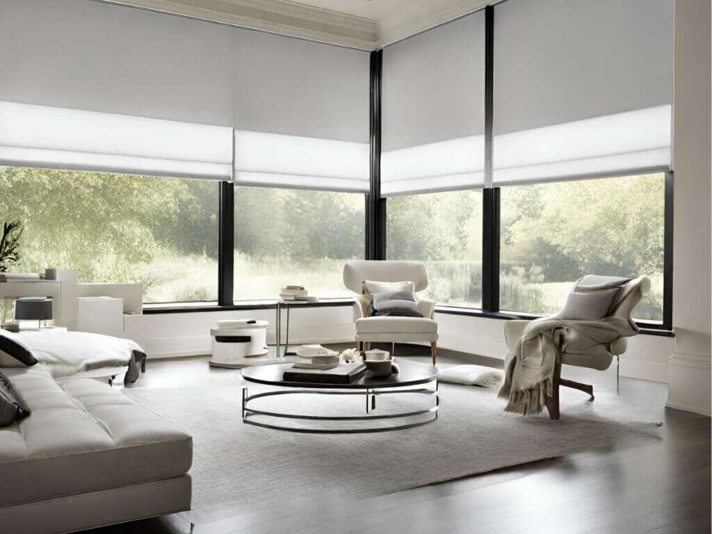 Floor-to-ceiling dual motorized roller shades installed across panoramic penthouse windows