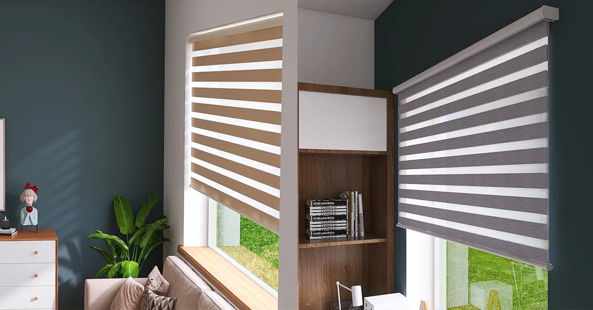 Transitional dual-band zebra blinds installed on corner living room windows