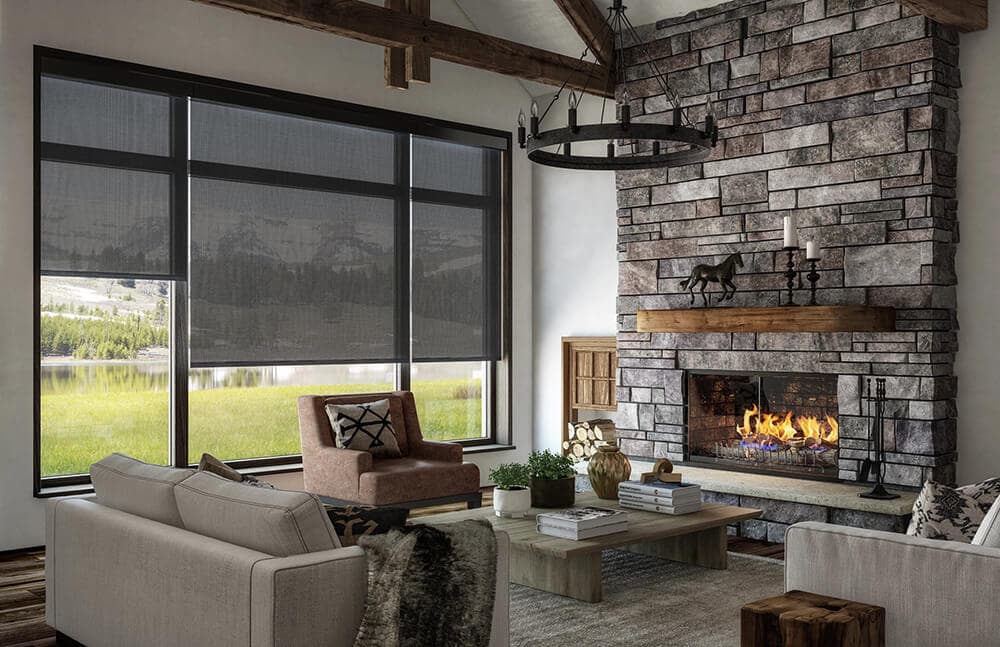 Smart automated motorized roller blinds installed on two-storey upper window clerestory